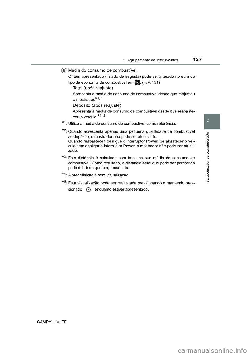 TOYOTA CAMRY 2023  Manual de utilização (in Portuguese) 1272. Agrupamento de instrumentos
CAMRY_HV_EE
2
Agrupamento de instrumentos
Média do consumo de combustível
O  item  apresentado  (listado  de  seguida)  pode  ser  alterado  no  ecrã  do
tipo de e