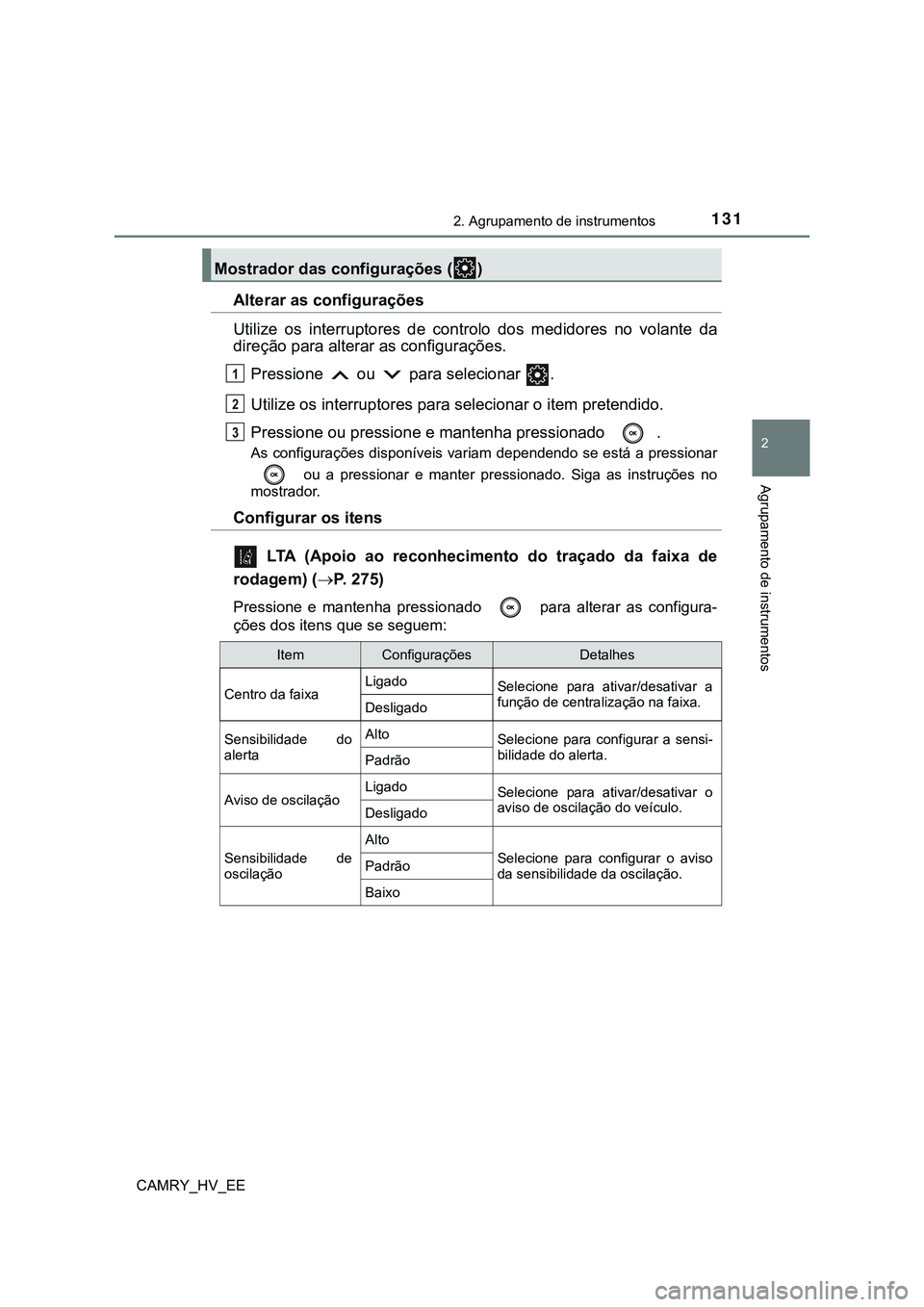 TOYOTA CAMRY 2023  Manual de utilização (in Portuguese) 1312. Agrupamento de instrumentos
CAMRY_HV_EE
2
Agrupamento de instrumentos
Alterar as configurações
Utilize  os  interruptores  de  controlo  dos  medidores  no  volante  da
direção para alterar 