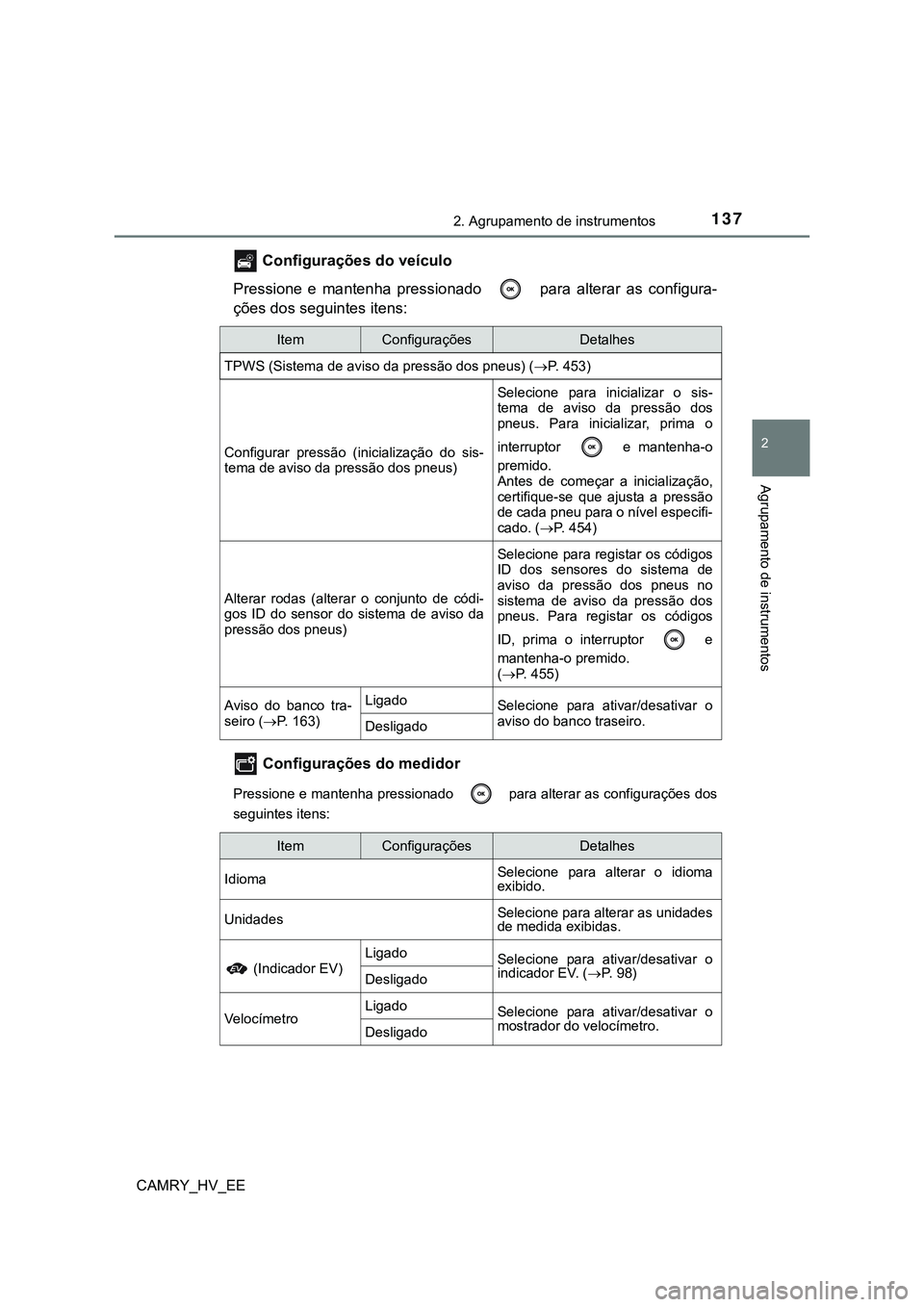 TOYOTA CAMRY 2023  Manual de utilização (in Portuguese) 1372. Agrupamento de instrumentos
CAMRY_HV_EE
2
Agrupamento de instrumentos
 Configurações do veículo
Pressione  e  mantenha  pressionado    para  alterar  as  configura-
ções dos seguintes itens
