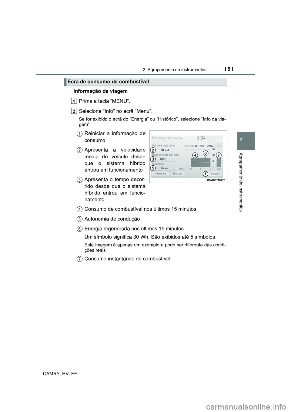 TOYOTA CAMRY 2023  Manual de utilização (in Portuguese) 1512. Agrupamento de instrumentos
CAMRY_HV_EE
2
Agrupamento de instrumentos
Informação de viagem
Prima a tecla “MENU”.
Selecione “Info” no ecrã “Menu”.
Se for exibido o ecrã do “Ener