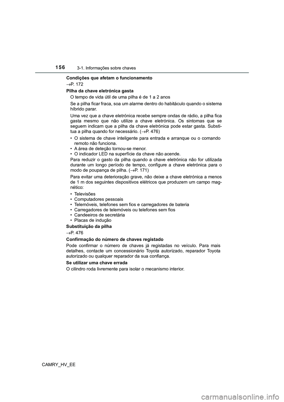TOYOTA CAMRY 2023  Manual de utilização (in Portuguese) 1563-1. Informações sobre chaves
CAMRY_HV_EECondições que afetam o funcionamento
P. 172
Pilha da chave eletrónica gasta
O tempo de vida útil de uma pilha é de 1 a 2 anos
Se a pilha ficar fra