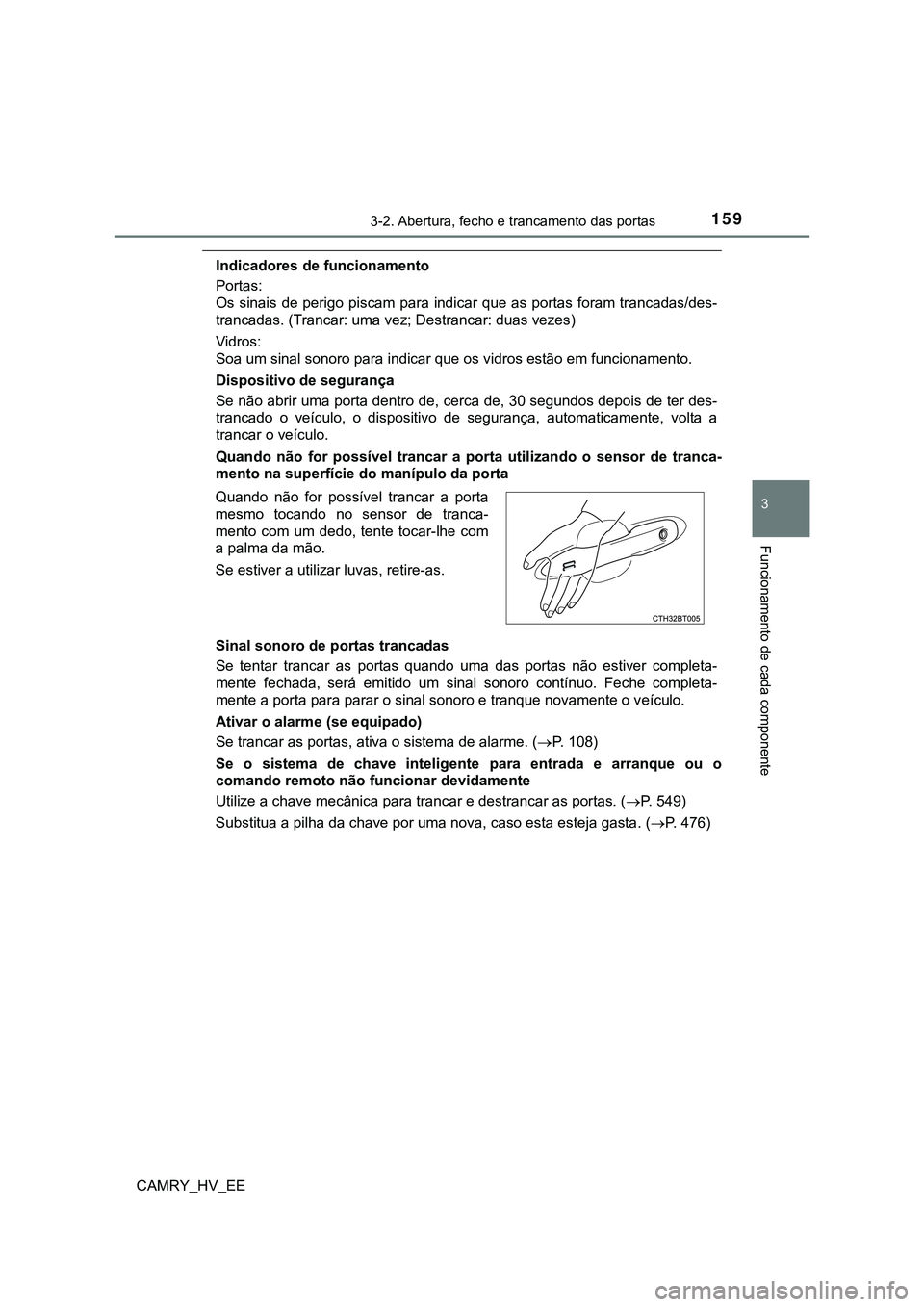 TOYOTA CAMRY 2023  Manual de utilização (in Portuguese) 1593-2. Abertura, fecho e trancamento das portas
CAMRY_HV_EE
3
Funcionamento de cada componente
Indicadores de funcionamento
Portas:
Os sinais de perigo piscam para indicar que as portas foram trancad