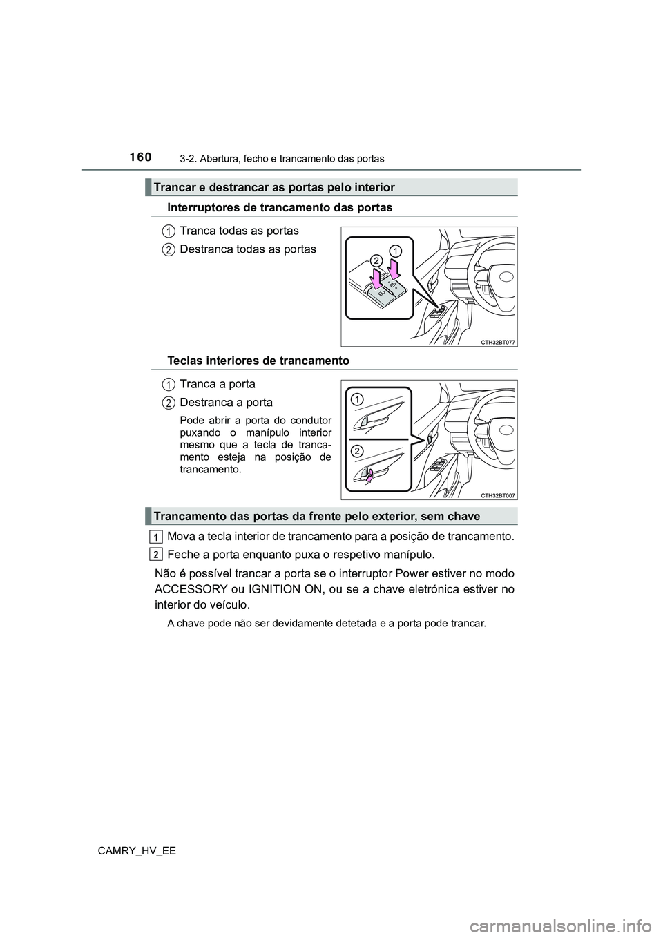 TOYOTA CAMRY 2023  Manual de utilização (in Portuguese) 1603-2. Abertura, fecho e trancamento das portas
CAMRY_HV_EE
Interruptores de trancamento das portas
Tranca todas as portas
Destranca todas as portas
Teclas interiores de trancamento
Tranca a porta
De