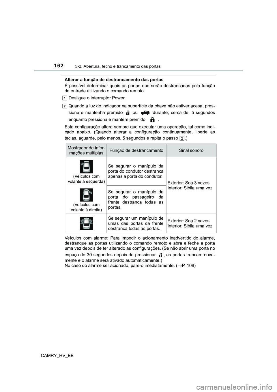 TOYOTA CAMRY 2023  Manual de utilização (in Portuguese) 1623-2. Abertura, fecho e trancamento das portas
CAMRY_HV_EE
Alterar a função de destrancamento das portas
É  possível  determinar  quais  as  portas  que  serão  destrancadas  pela  função
de 