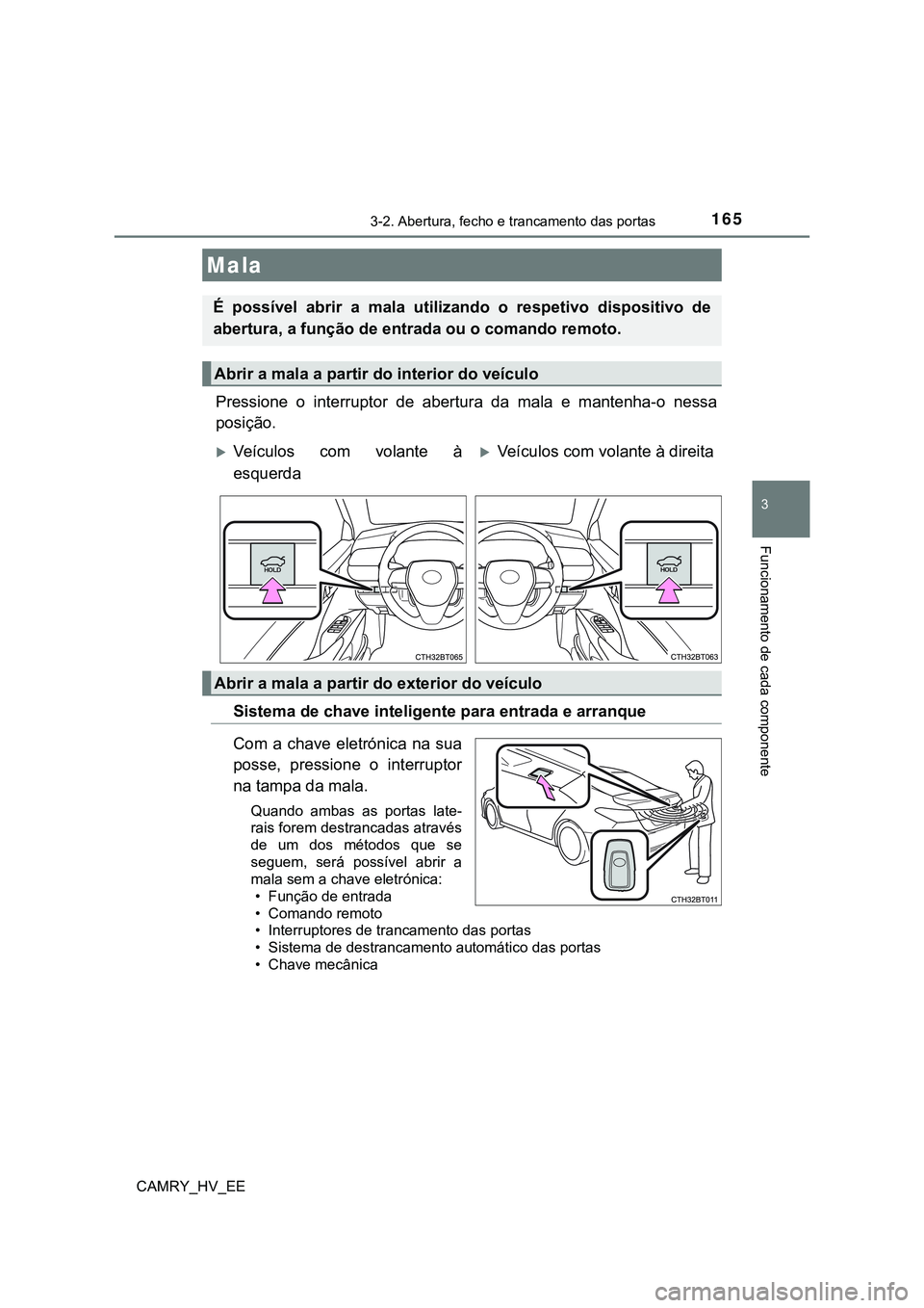 TOYOTA CAMRY 2023  Manual de utilização (in Portuguese) 1653-2. Abertura, fecho e trancamento das portas
CAMRY_HV_EE
3
Funcionamento de cada componente
Pressione  o  interruptor  de  abertura  da  mala  e  mantenha-o  nessa
posição.
Sistema de chave inte
