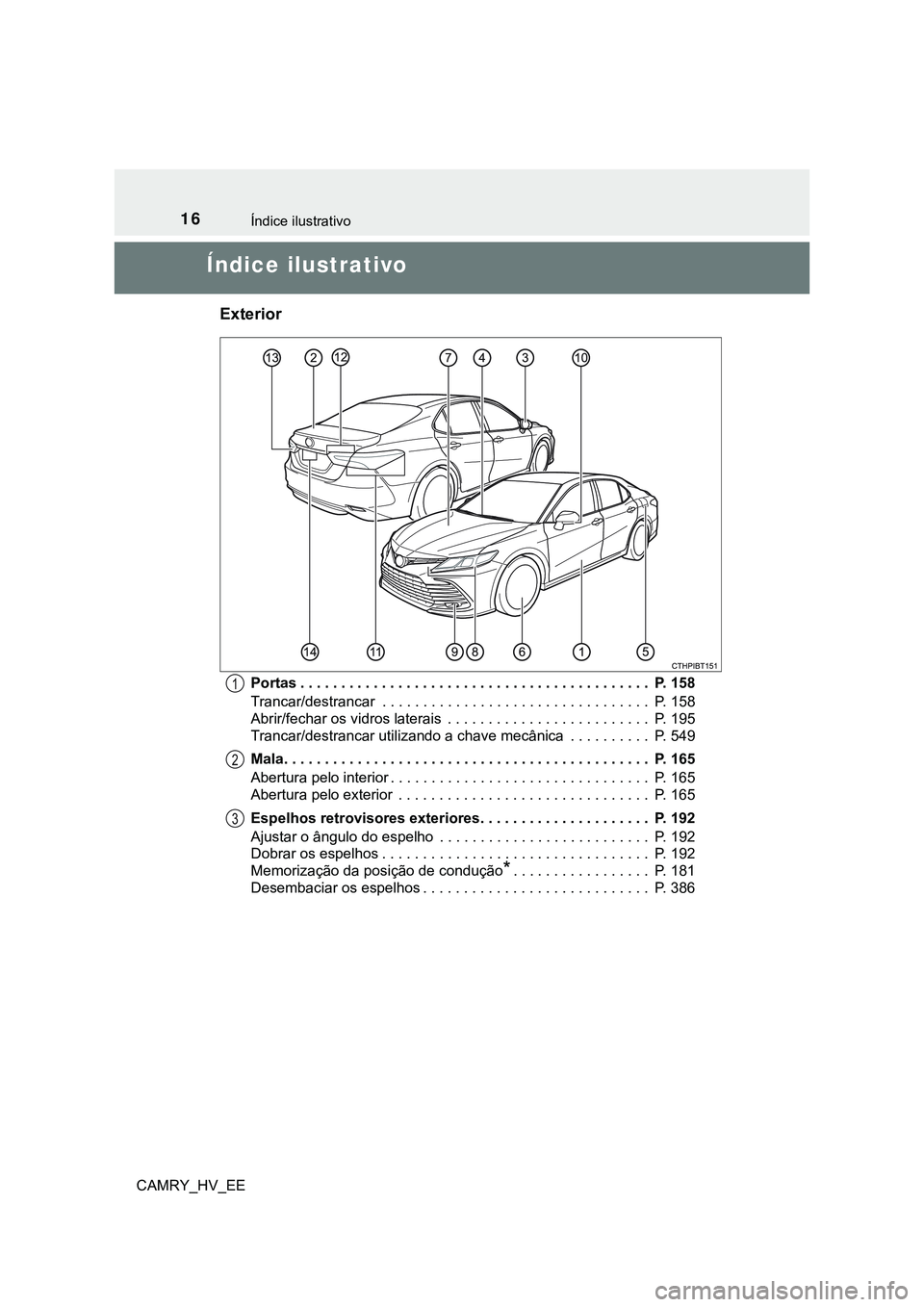 TOYOTA CAMRY 2023 Manual de utilização (in Portuguese) 16
CAMRY_HV_EE
Índice ilustrativo
Índice ilustrativo
Exterior
Portas . . . . . . . . . . . . . . . . . . . . . . . . . . . . . . . . . . . . . . . . . . . P. 158
Trancar/destrancar . . . . . . . . TOYOTA CAMRY 2023 Manual de utilização (in Portuguese) 16
CAMRY_HV_EE
Índice ilustrativo
Índice ilustrativo
Exterior
Portas . . . . . . . . . . . . . . . . . . . . . . . . . . . . . . . . . . . . . . . . . . . P. 158
Trancar/destrancar . . . . . . . .