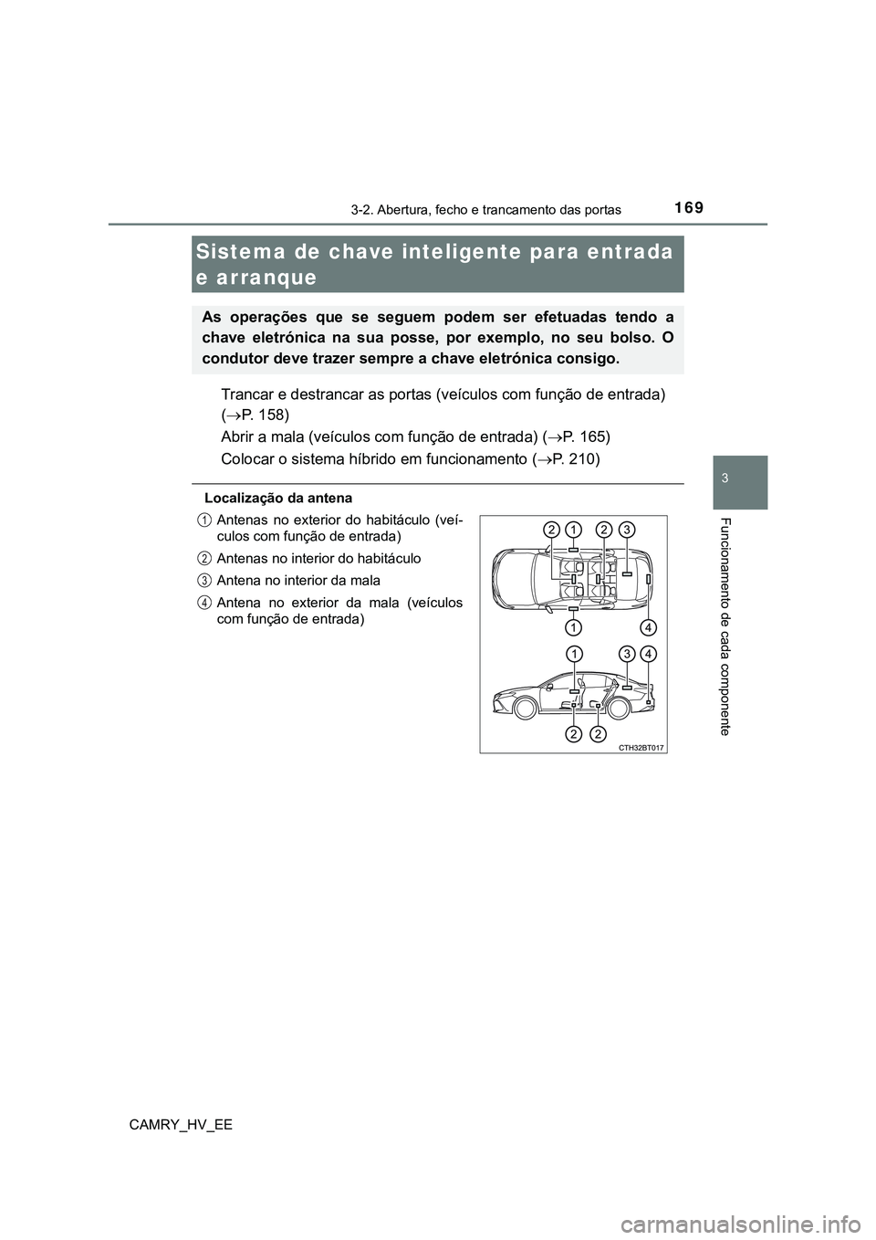 TOYOTA CAMRY 2023  Manual de utilização (in Portuguese) 1693-2. Abertura, fecho e trancamento das portas
CAMRY_HV_EE
3
Funcionamento de cada componente
Trancar e destrancar as portas (veículos com função de entrada) 
(P. 158)
Abrir a mala (veículos 