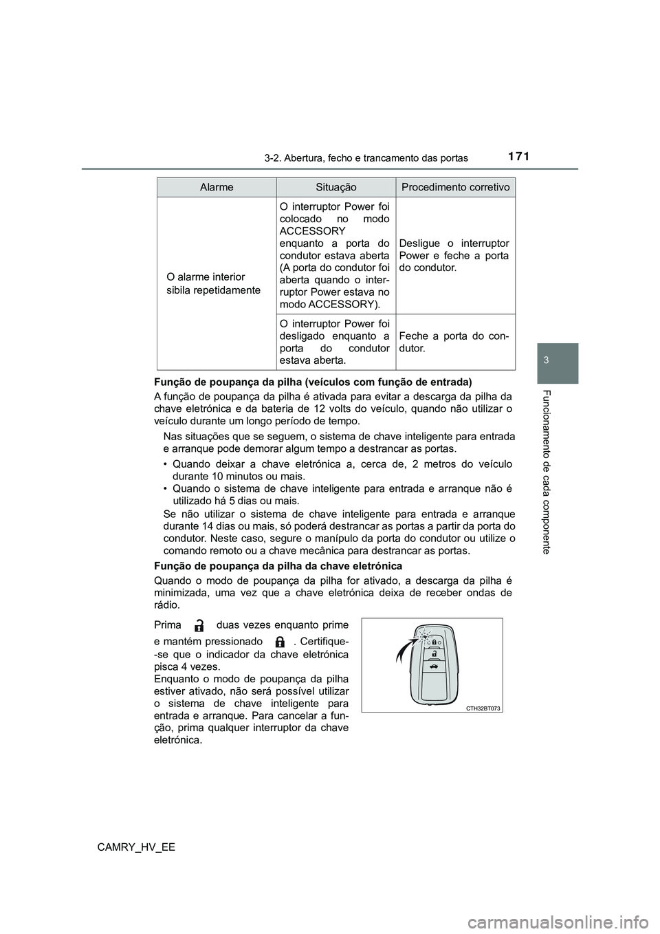 TOYOTA CAMRY 2023  Manual de utilização (in Portuguese) 1713-2. Abertura, fecho e trancamento das portas
CAMRY_HV_EE
3
Funcionamento de cada componenteFunção de poupança da pilha (veículos com função de entrada)
A função de poupança da pilha é at