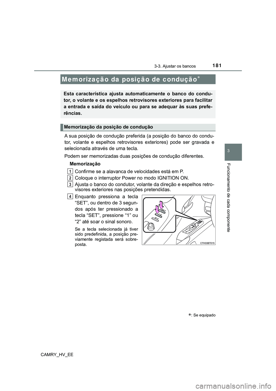 TOYOTA CAMRY 2023  Manual de utilização (in Portuguese) 1813-3. Ajustar os bancos
CAMRY_HV_EE
3
Funcionamento de cada componente
A sua posição de condução preferida (a posição do banco do condu-
tor,  volante  e  espelhos  retrovisores  exteriores)  