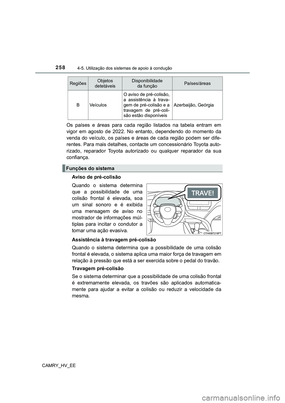 TOYOTA CAMRY 2023 Manual de utilização (in Portuguese) 2584-5. Utilização dos sistemas de apoio à condução
CAMRY_HV_EE
Os países e áreas para cada região listados na tabela entram em
vigor em agosto de 2022. No entanto, dependend TOYOTA CAMRY 2023 Manual de utilização (in Portuguese) 2584-5. Utilização dos sistemas de apoio à condução
CAMRY_HV_EE
Os países e áreas para cada região listados na tabela entram em
vigor em agosto de 2022. No entanto, dependend