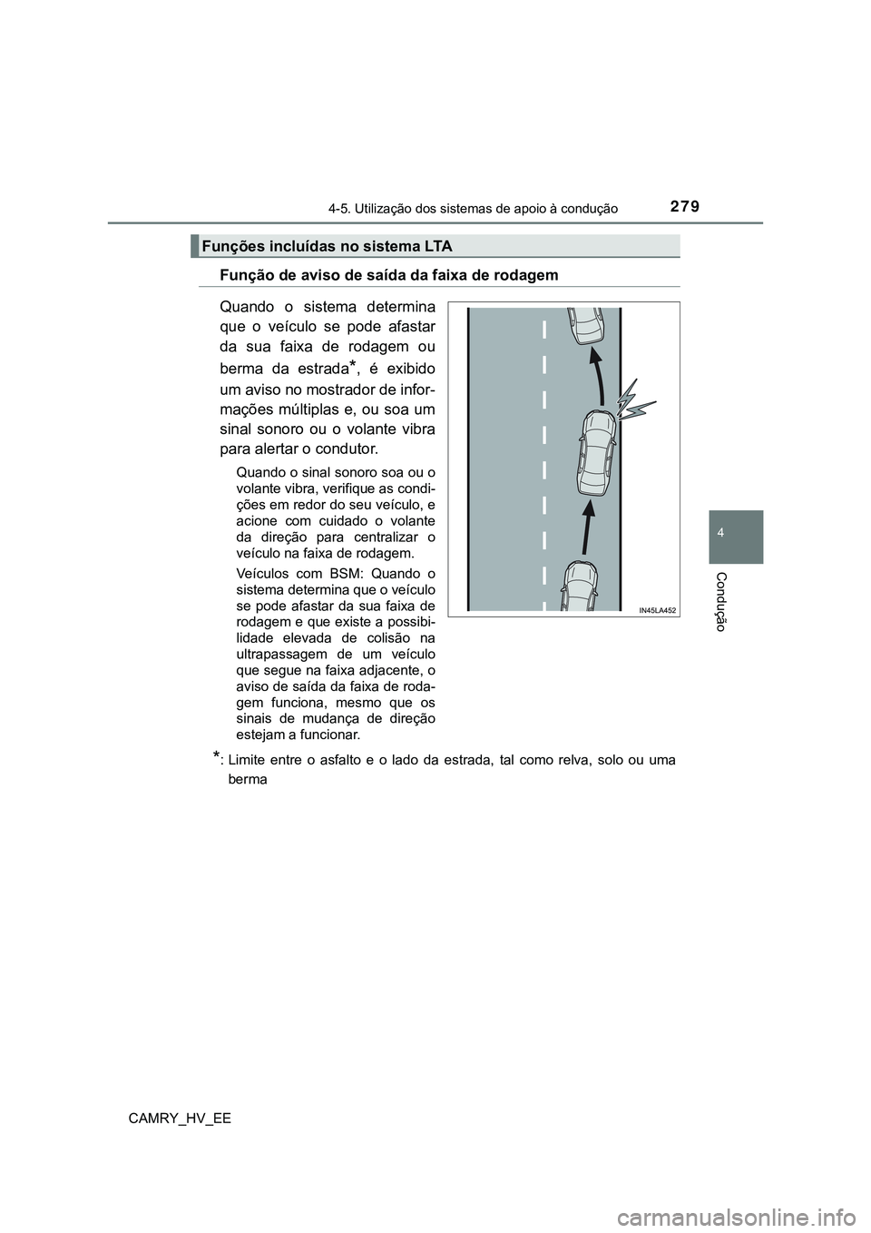 TOYOTA CAMRY 2023 Manual de utilização (in Portuguese) 2794-5. Utilização dos sistemas de apoio à condução
CAMRY_HV_EE
4
Condução
Função de aviso de saída da faixa de rodagem
Quando o sistema determina
que o veículo se pode afastar
da TOYOTA CAMRY 2023 Manual de utilização (in Portuguese) 2794-5. Utilização dos sistemas de apoio à condução
CAMRY_HV_EE
4
Condução
Função de aviso de saída da faixa de rodagem
Quando o sistema determina
que o veículo se pode afastar
da