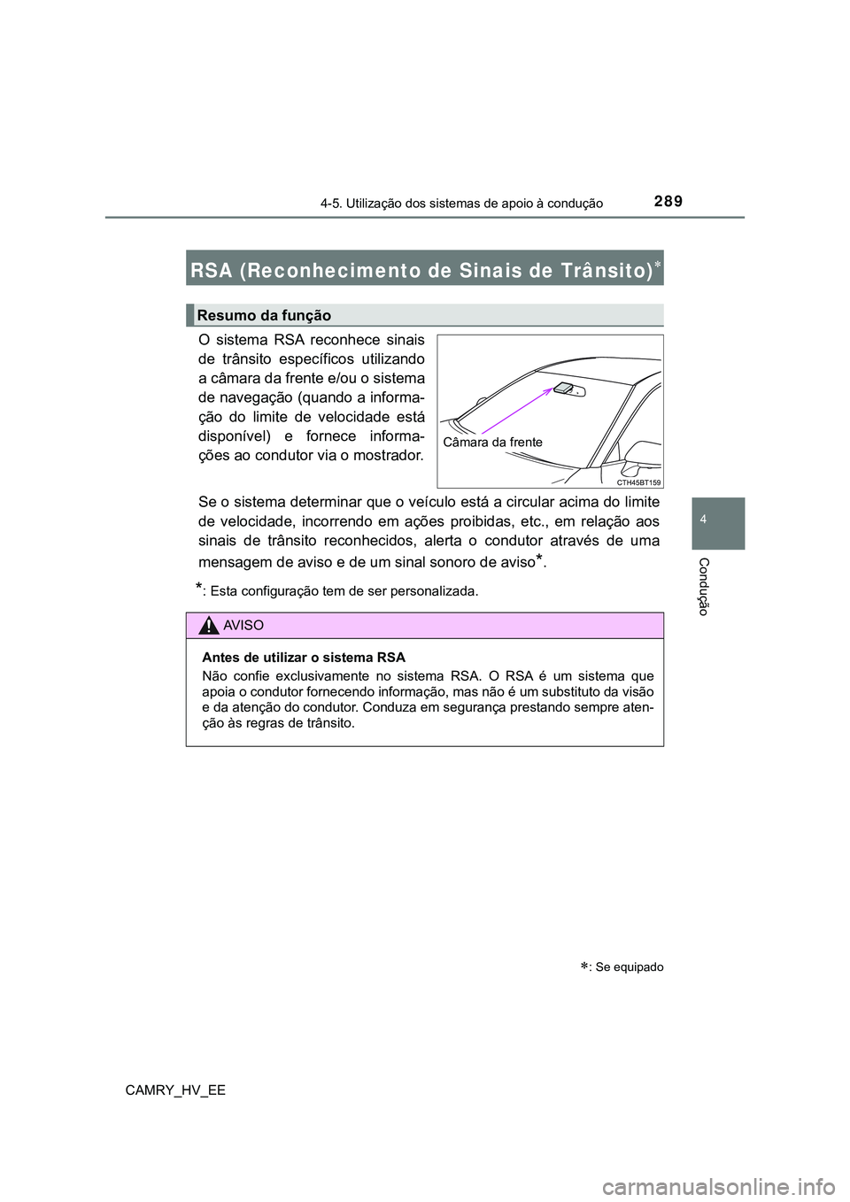 TOYOTA CAMRY 2023 Manual de utilização (in Portuguese) 2894-5. Utilização dos sistemas de apoio à condução
CAMRY_HV_EE
4
Condução
O sistema RSA reconhece sinais
de trânsito específicos utilizando
a câmara da frente e/ou o sistema
de naveg TOYOTA CAMRY 2023 Manual de utilização (in Portuguese) 2894-5. Utilização dos sistemas de apoio à condução
CAMRY_HV_EE
4
Condução
O sistema RSA reconhece sinais
de trânsito específicos utilizando
a câmara da frente e/ou o sistema
de naveg