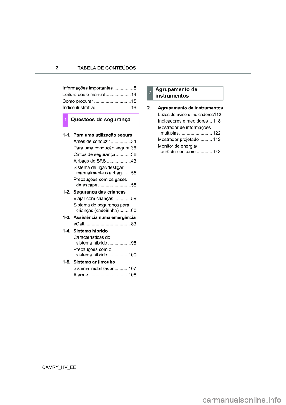 TOYOTA CAMRY 2023  Manual de utilização (in Portuguese) TABELA DE CONTEÚDOS2
CAMRY_HV_EEInformações importantes ................8
Leitura deste manual ....................14
Como procurar .............................15
Índice ilustrativo..............