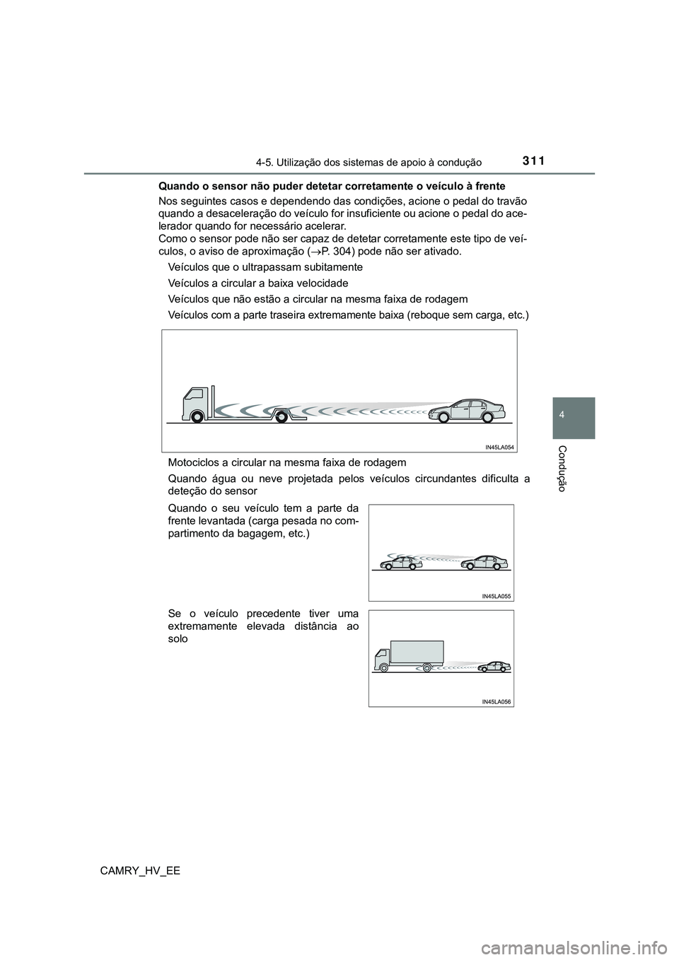 TOYOTA CAMRY 2023  Manual de utilização (in Portuguese) 3114-5. Utilização dos sistemas de apoio à condução
CAMRY_HV_EE
4
Condução
Quando o sensor não puder detetar corretamente o veículo à frente
Nos seguintes casos e dependendo das condições,