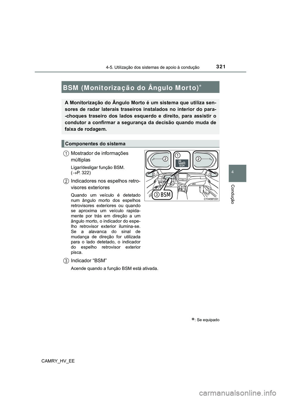 TOYOTA CAMRY 2023  Manual de utilização (in Portuguese) 3214-5. Utilização dos sistemas de apoio à condução
CAMRY_HV_EE
4
Condução
Mostrador de informações 
múltiplas
Ligar/desligar função BSM.
(P. 322)
Indicadores nos espelhos retro-
visore