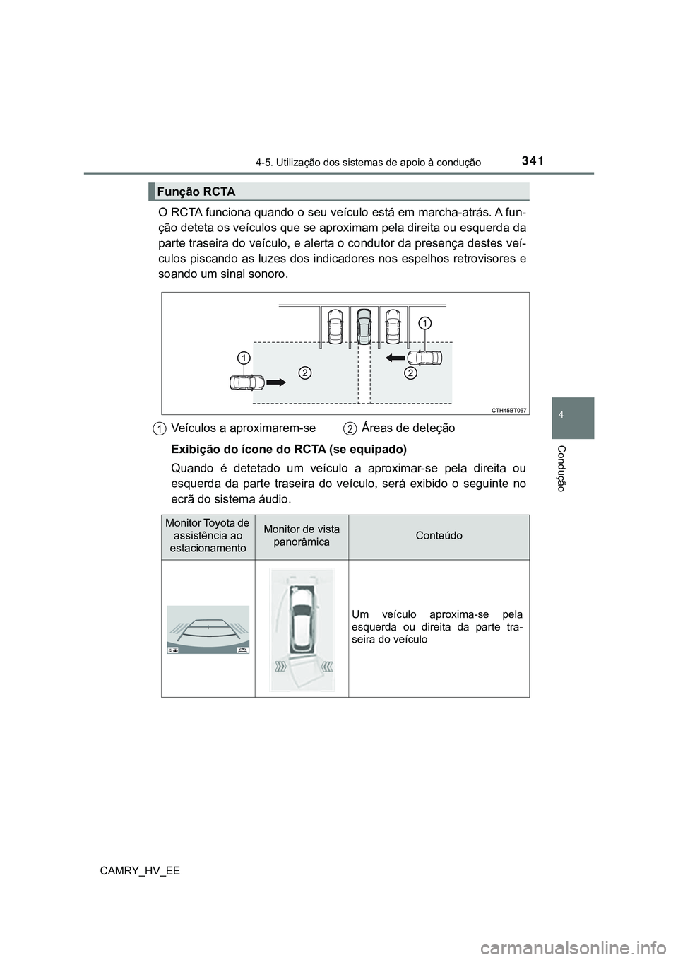 TOYOTA CAMRY 2023  Manual de utilização (in Portuguese) 3414-5. Utilização dos sistemas de apoio à condução
CAMRY_HV_EE
4
Condução
O RCTA funciona quando o seu veículo está em marcha-atrás. A fun-
ção deteta os veículos que se aproximam pela d