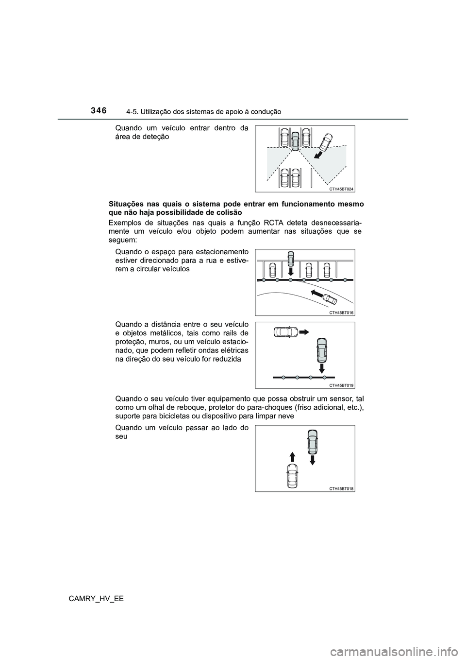 TOYOTA CAMRY 2023  Manual de utilização (in Portuguese) 3464-5. Utilização dos sistemas de apoio à condução
CAMRY_HV_EESituações  nas  quais  o  sistema  pode  entrar  em  funcionamento  mesmo
que não haja possibilidade de colisão
Exemplos  de  si