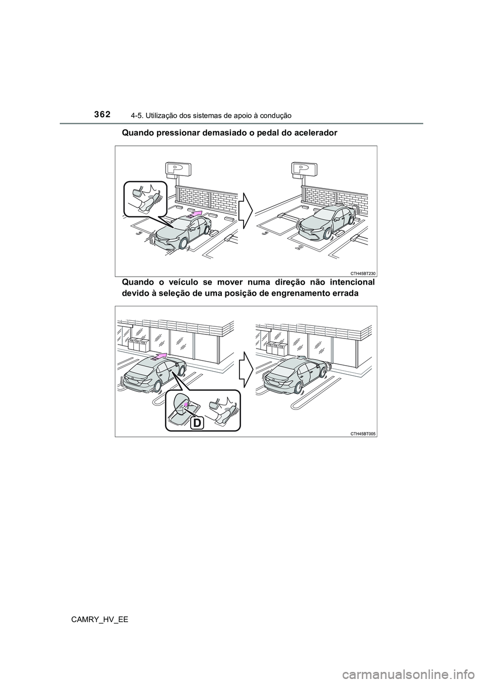 TOYOTA CAMRY 2023 Manual de utilização (in Portuguese) 3624-5. Utilização dos sistemas de apoio à condução
CAMRY_HV_EE
Quando pressionar demasiado o pedal do acelerador
Quando o veículo se mover numa direção não intencional
devido à sele TOYOTA CAMRY 2023 Manual de utilização (in Portuguese) 3624-5. Utilização dos sistemas de apoio à condução
CAMRY_HV_EE
Quando pressionar demasiado o pedal do acelerador
Quando o veículo se mover numa direção não intencional
devido à sele