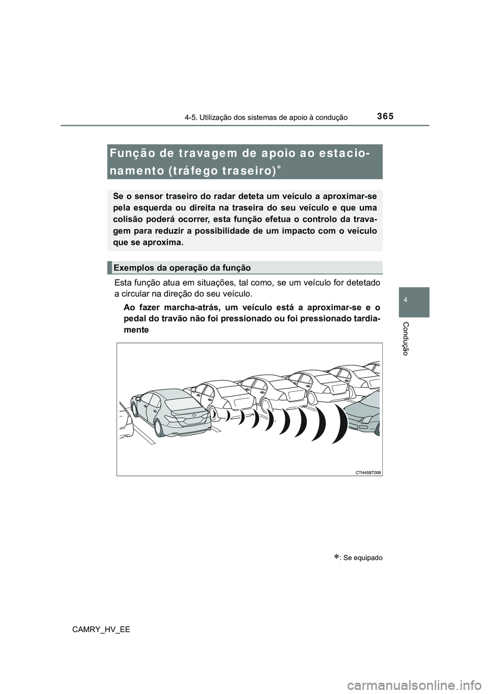 TOYOTA CAMRY 2023 Manual de utilização (in Portuguese) 3654-5. Utilização dos sistemas de apoio à condução
CAMRY_HV_EE
4
Condução
Esta função atua em situações, tal como, se um veículo for detetado
a circular na direção do seu veículo.
Ao TOYOTA CAMRY 2023 Manual de utilização (in Portuguese) 3654-5. Utilização dos sistemas de apoio à condução
CAMRY_HV_EE
4
Condução
Esta função atua em situações, tal como, se um veículo for detetado
a circular na direção do seu veículo.
Ao