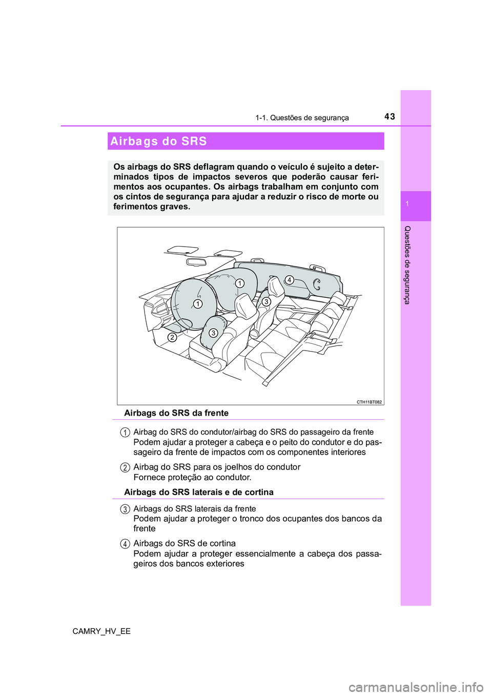 TOYOTA CAMRY 2023  Manual de utilização (in Portuguese) 431-1. Questões de segurança
1
Questões de segurança
CAMRY_HV_EE
Airbags do SRS da frente
Airbag do SRS do condutor/airbag do SRS do passageiro da frente
Podem ajudar a proteger a cabeça e o peit