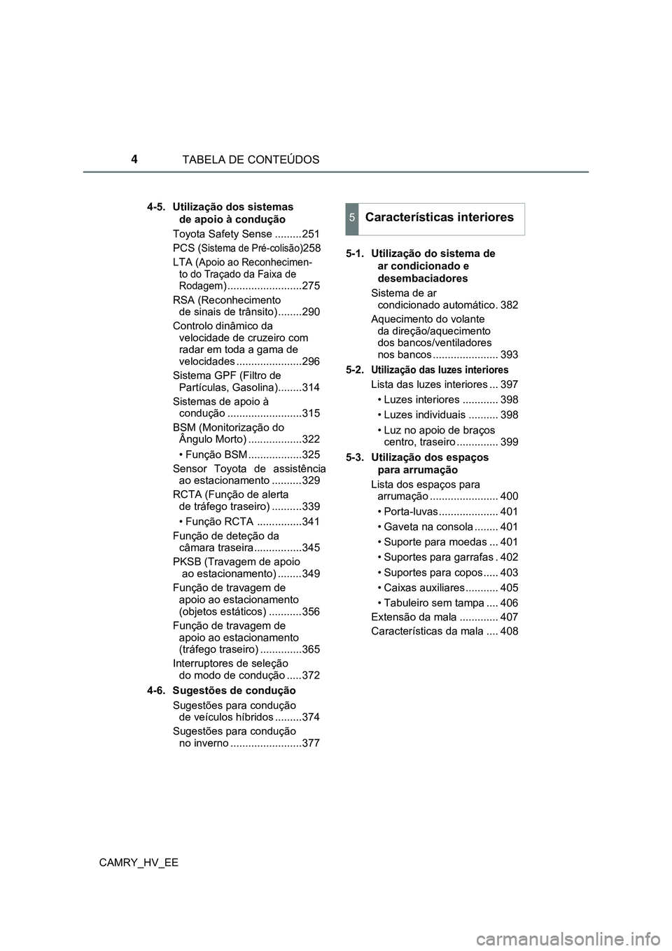 TOYOTA CAMRY 2023  Manual de utilização (in Portuguese) TABELA DE CONTEÚDOS4
CAMRY_HV_EE4-5.  Utilização dos sistemas
de apoio à condução
Toyota Safety Sense .........251
PCS (
Sistema de Pré-colisão)258
LTA (
Apoio ao Reconhecimen-
to do Traçado 