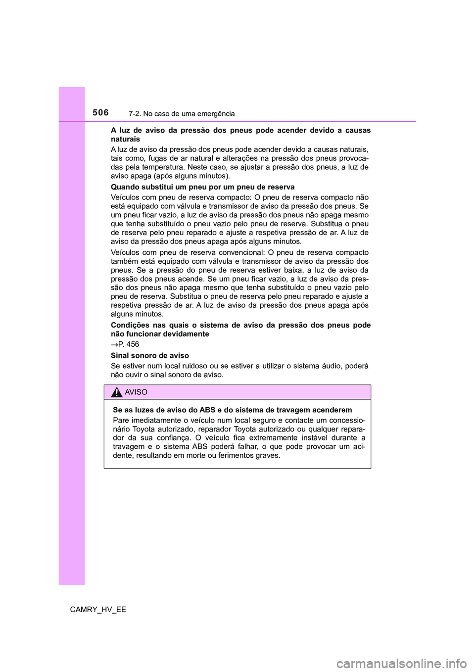 TOYOTA CAMRY 2023 Manual de utilização (in Portuguese) 5067-2. No caso de uma emergência
CAMRY_HV_EEA luz de aviso da pressão dos pneus pode acender devido a causas
naturais
A luz de aviso da pressão dos pneus pode acender devido a causas n TOYOTA CAMRY 2023 Manual de utilização (in Portuguese) 5067-2. No caso de uma emergência
CAMRY_HV_EEA luz de aviso da pressão dos pneus pode acender devido a causas
naturais
A luz de aviso da pressão dos pneus pode acender devido a causas n