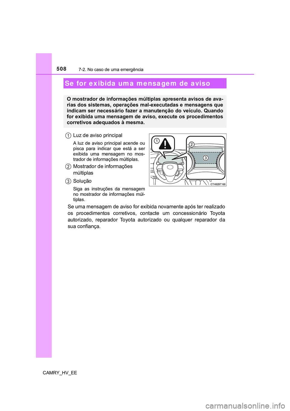 TOYOTA CAMRY 2023 Manual de utilização (in Portuguese) 5087-2. No caso de uma emergência
CAMRY_HV_EE
Luz de aviso principal
A luz de aviso principal acende ou
pisca para indicar que está a ser
exibida uma mensagem no mos-
trador de infor TOYOTA CAMRY 2023 Manual de utilização (in Portuguese) 5087-2. No caso de uma emergência
CAMRY_HV_EE
Luz de aviso principal
A luz de aviso principal acende ou
pisca para indicar que está a ser
exibida uma mensagem no mos-
trador de infor