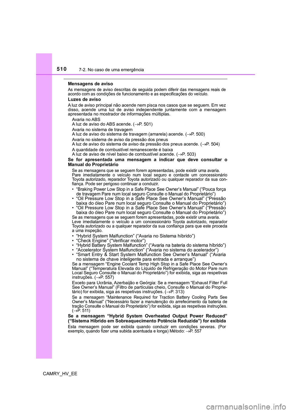 TOYOTA CAMRY 2023 Manual de utilização (in Portuguese) 5107-2. No caso de uma emergência
CAMRY_HV_EE
Mensagens de aviso
As mensagens de aviso descritas de seguida podem diferir das mensagens reais de
acordo com as condições de funcionamento e as especi TOYOTA CAMRY 2023 Manual de utilização (in Portuguese) 5107-2. No caso de uma emergência
CAMRY_HV_EE
Mensagens de aviso
As mensagens de aviso descritas de seguida podem diferir das mensagens reais de
acordo com as condições de funcionamento e as especi