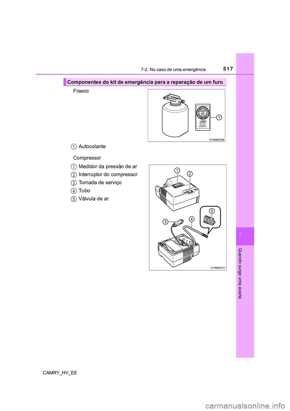 TOYOTA CAMRY 2023 Manual de utilização (in Portuguese) 5177-2. No caso de uma emergência
CAMRY_HV_EE
7
Quando surge uma avaria
Frasco
Autocolante
Compressor
Medidor da pressão de ar
Interruptor do compressor
Tomada de serviço
Tubo
Válvula de ar
Compon TOYOTA CAMRY 2023 Manual de utilização (in Portuguese) 5177-2. No caso de uma emergência
CAMRY_HV_EE
7
Quando surge uma avaria
Frasco
Autocolante
Compressor
Medidor da pressão de ar
Interruptor do compressor
Tomada de serviço
Tubo
Válvula de ar
Compon