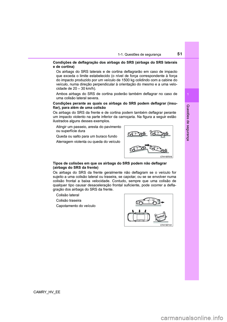 TOYOTA CAMRY 2023  Manual de utilização (in Portuguese) 511-1. Questões de segurança
1
Questões de segurança
CAMRY_HV_EECondições de deflagração dos airbags do SRS (airbags do SRS laterais
e de cortina)
Os  airbags  do  SRS  laterais  e  de  cortin
