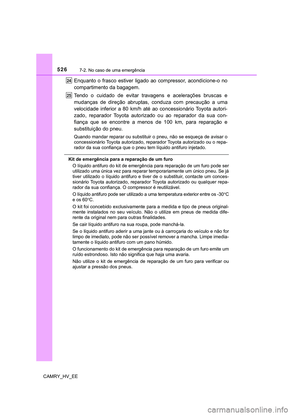 TOYOTA CAMRY 2023 Manual de utilização (in Portuguese) 5267-2. No caso de uma emergência
CAMRY_HV_EE
Enquanto o frasco estiver ligado ao compressor, acondicione-o no
compartimento da bagagem.
Tendo o cuidado de evitar travagens e aceleraçõ TOYOTA CAMRY 2023 Manual de utilização (in Portuguese) 5267-2. No caso de uma emergência
CAMRY_HV_EE
Enquanto o frasco estiver ligado ao compressor, acondicione-o no
compartimento da bagagem.
Tendo o cuidado de evitar travagens e aceleraçõ