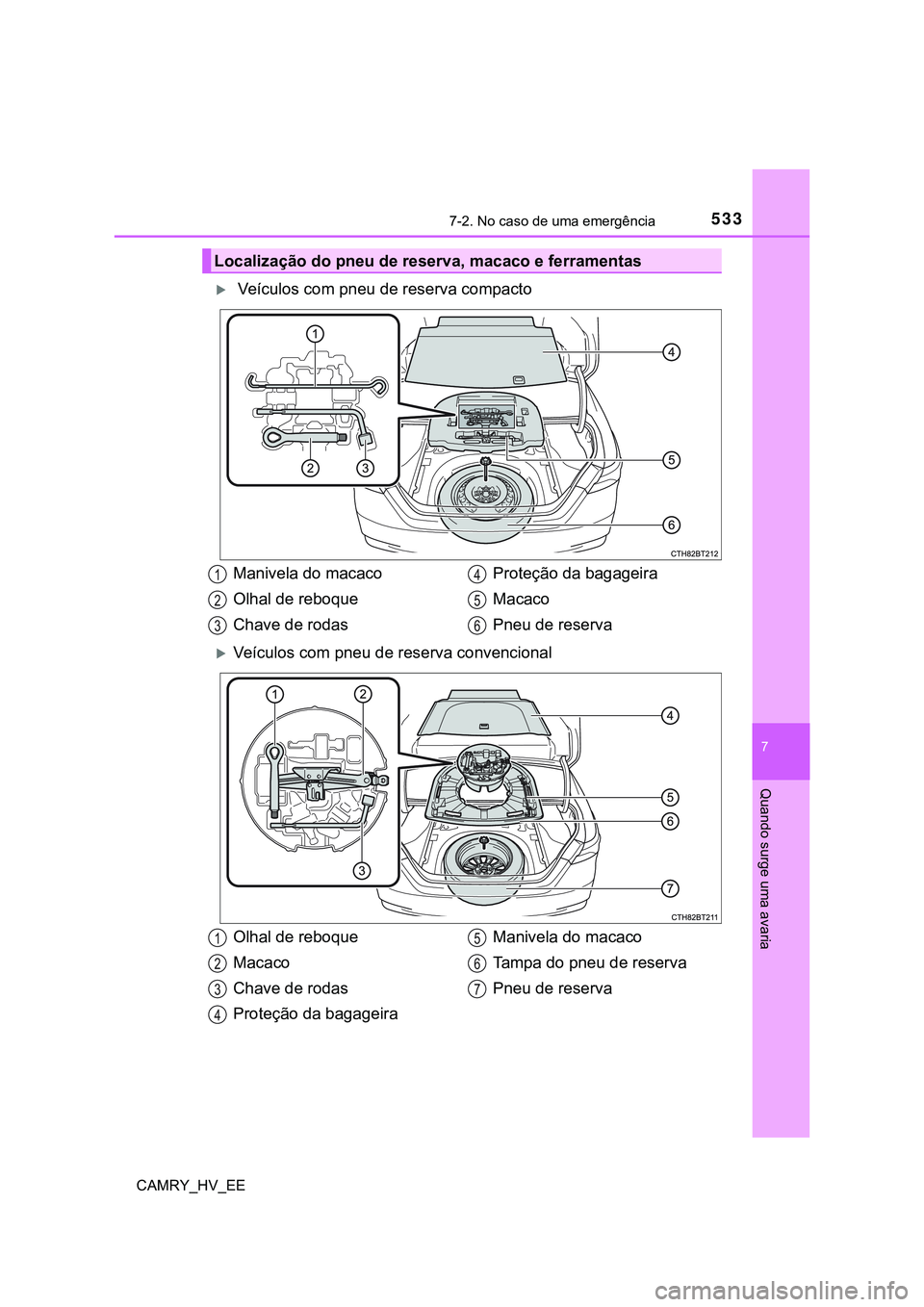 TOYOTA CAMRY 2023 Manual de utilização (in Portuguese) 5337-2. No caso de uma emergência
CAMRY_HV_EE
7
Quando surge uma avaria
Veículos com pneu de reserva compacto
Veículos com pneu de reserva convencional
Localização do pneu de reserva, maca TOYOTA CAMRY 2023 Manual de utilização (in Portuguese) 5337-2. No caso de uma emergência
CAMRY_HV_EE
7
Quando surge uma avaria
Veículos com pneu de reserva compacto
Veículos com pneu de reserva convencional
Localização do pneu de reserva, maca