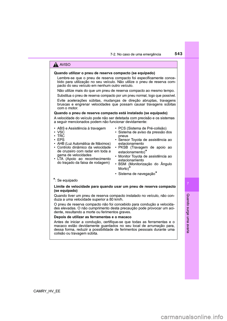 TOYOTA CAMRY 2023  Manual de utilização (in Portuguese) 5437-2. No caso de uma emergência
CAMRY_HV_EE
7
Quando surge uma avaria
AV I S O
Quando utilizar o pneu de reserva compacto (se equipado)
Lembre-se  que  o  pneu  de  reserva  compacto  foi  especifi