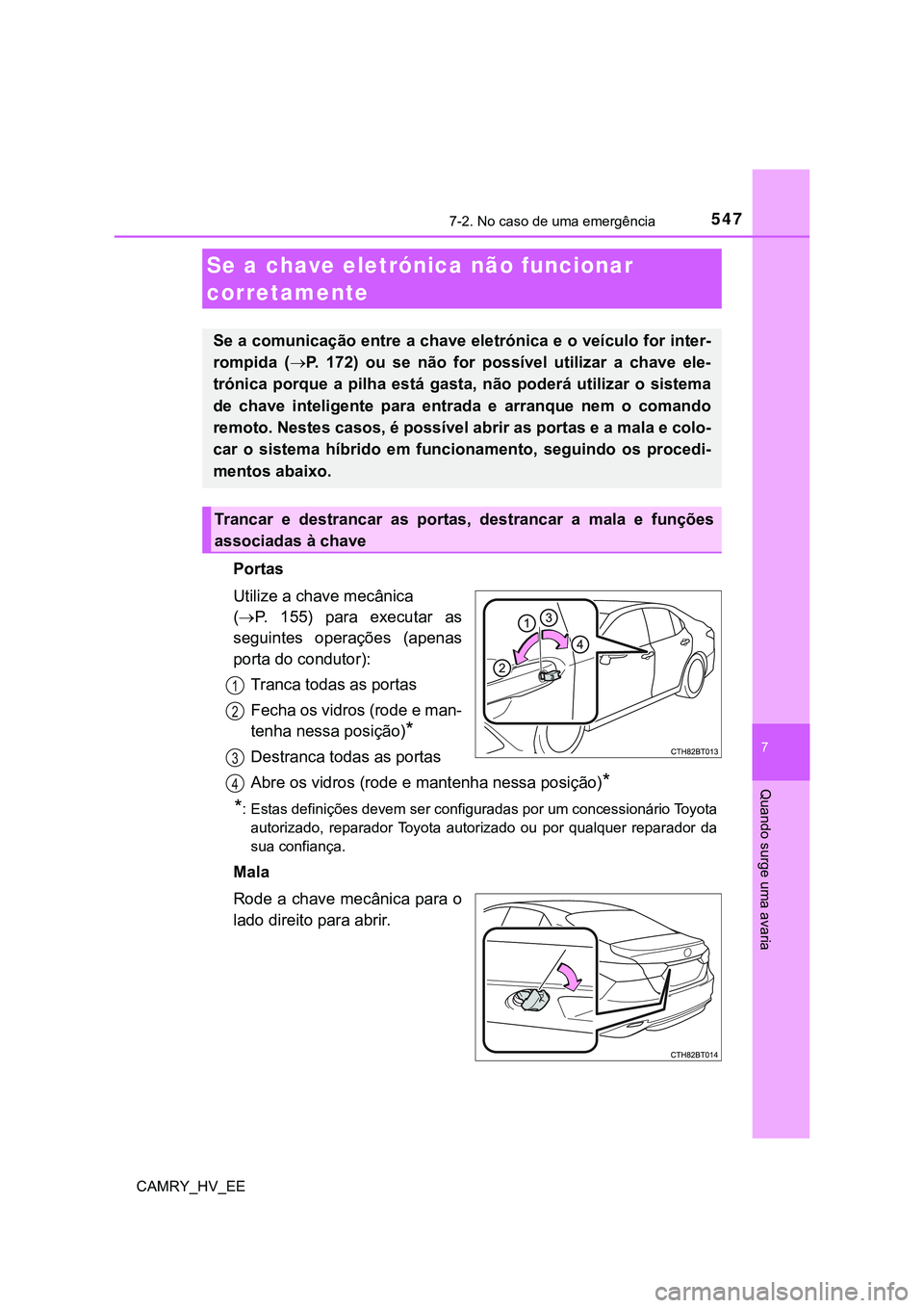 TOYOTA CAMRY 2023  Manual de utilização (in Portuguese) 5477-2. No caso de uma emergência
CAMRY_HV_EE
7
Quando surge uma avaria
Portas
Utilize a chave mecânica 
(P.  155)  para  executar  as
seguintes  operações  (apenas
porta do condutor):
Tranca t