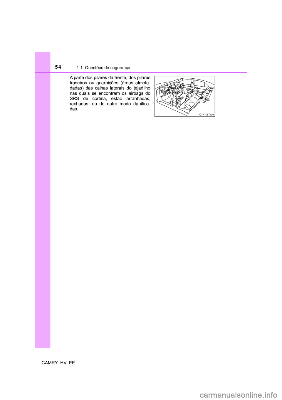 TOYOTA CAMRY 2023  Manual de utilização (in Portuguese) 541-1. Questões de segurança
CAMRY_HV_EEA parte dos pilares da frente, dos pilares
traseiros  ou  guarnições  (áreas  almofa-
dadas)  das  calhas  laterais  do  tejadilho
nas  quais  se  encontra