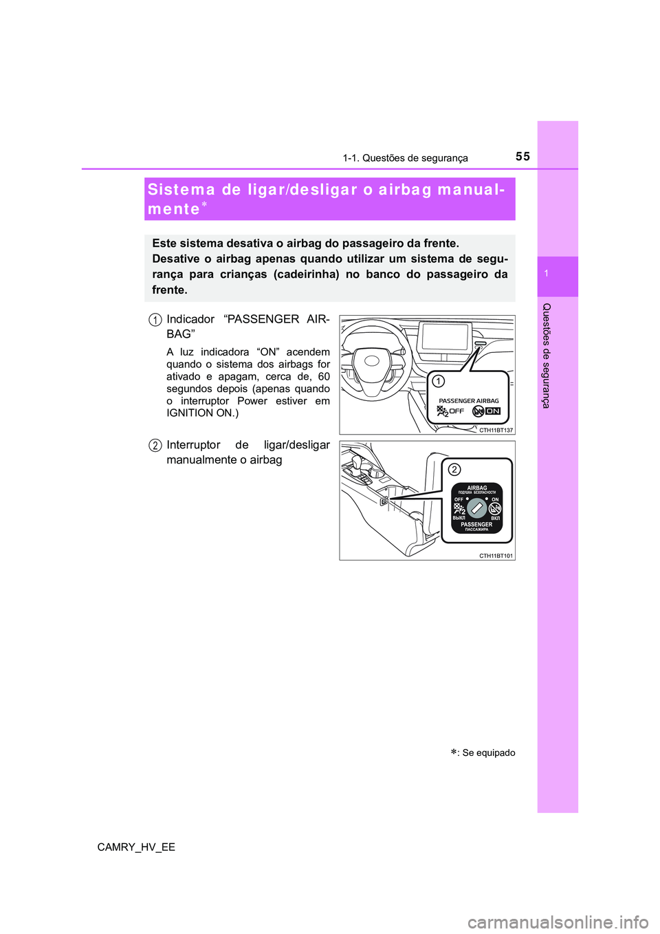 TOYOTA CAMRY 2023  Manual de utilização (in Portuguese) 551-1. Questões de segurança
1
Questões de segurança
CAMRY_HV_EE
Indicador  “PASSENGER  AIR-
BAG”
A  luz  indicadora  “ON”  acendem
quando  o  sistema  dos  airbags  for
ativado  e  apagam