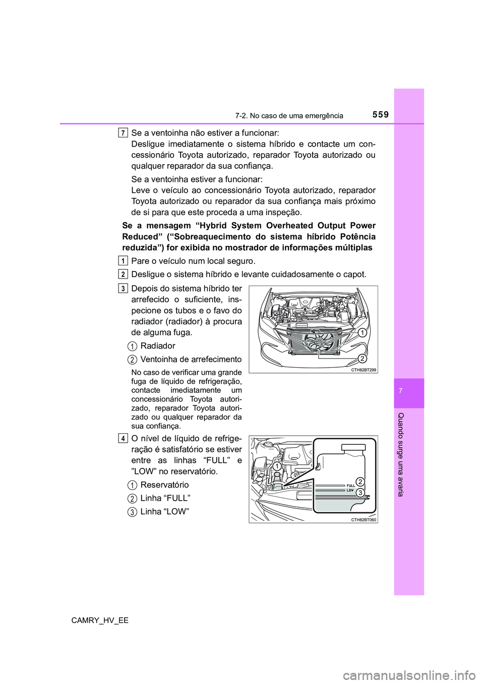 TOYOTA CAMRY 2023  Manual de utilização (in Portuguese) 5597-2. No caso de uma emergência
CAMRY_HV_EE
7
Quando surge uma avaria
Se a ventoinha não estiver a funcionar: 
Desligue  imediatamente  o  sistema  híbrido  e  contacte  um  con-
cessionário  To