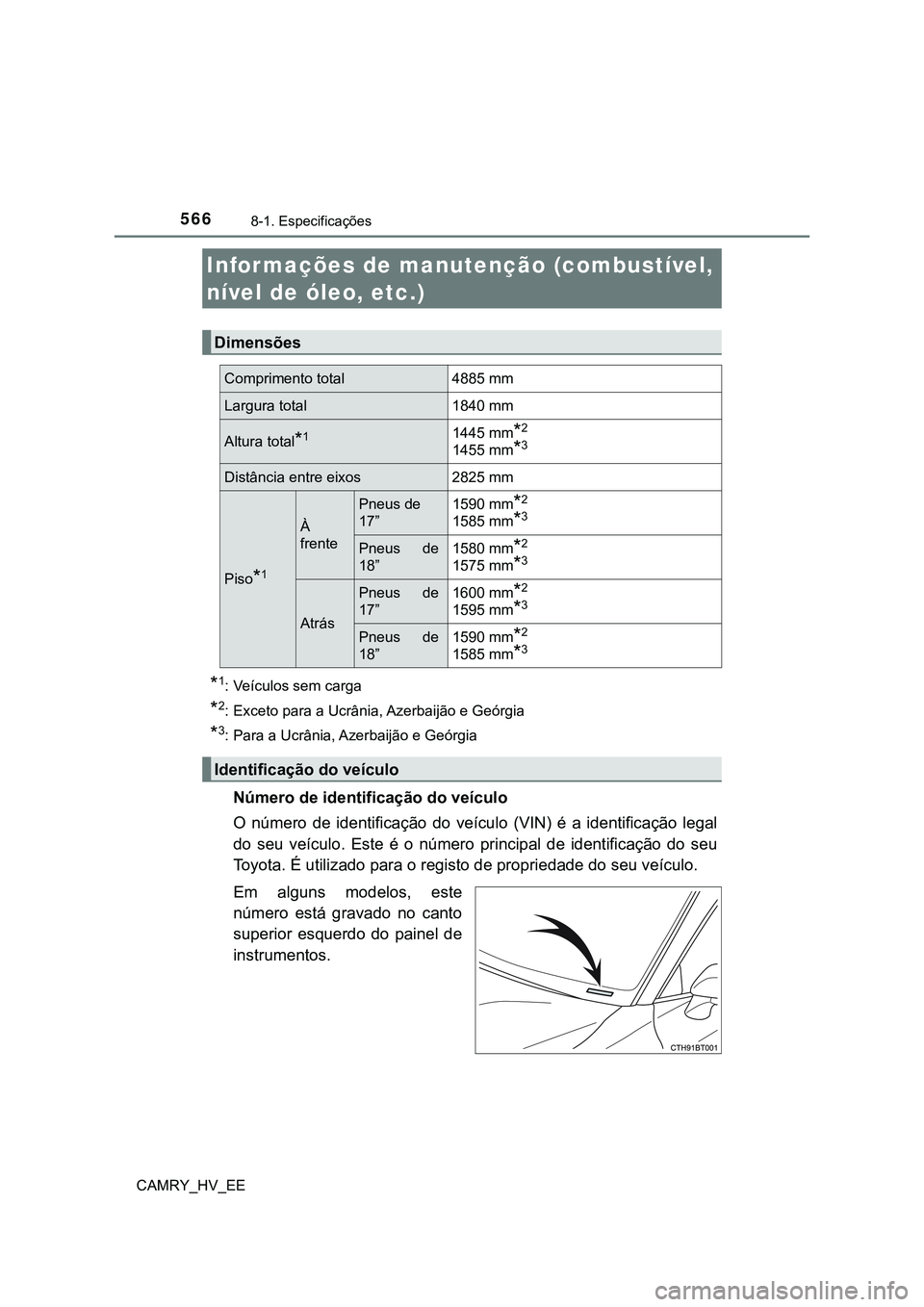 TOYOTA CAMRY 2023  Manual de utilização (in Portuguese) 566
CAMRY_HV_EE
8-1. Especificações
*1: Veículos sem carga
*2: Exceto para a Ucrânia, Azerbaijão e Geórgia
*3: Para a Ucrânia, Azerbaijão e Geórgia
Número de identificação do veículo
O  n