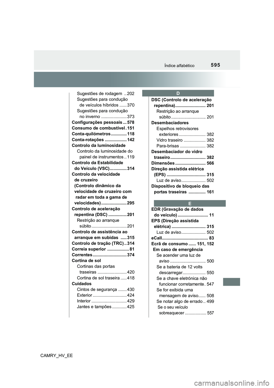 TOYOTA CAMRY 2023  Manual de utilização (in Portuguese) 595Índice alfabético
CAMRY_HV_EESugestões de rodagem  .. 202
Sugestões para condução 
de veículos híbridos ...... 370
Sugestões para condução 
no inverno ..................... 373
Configura