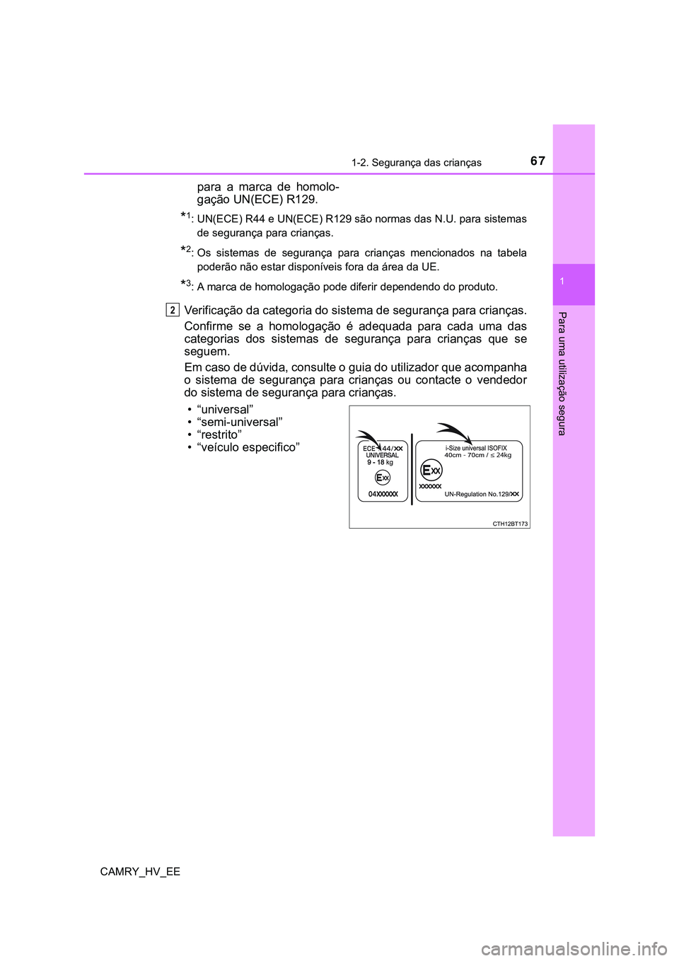 TOYOTA CAMRY 2023  Manual de utilização (in Portuguese) 671-2. Segurança das crianças
1
Para uma utilização segura
CAMRY_HV_EE
para  a  marca  de  homolo-
gação UN(ECE) R129.
*1: UN(ECE) R44 e UN(ECE) R129 são normas das N.U. para sistemas
de segura