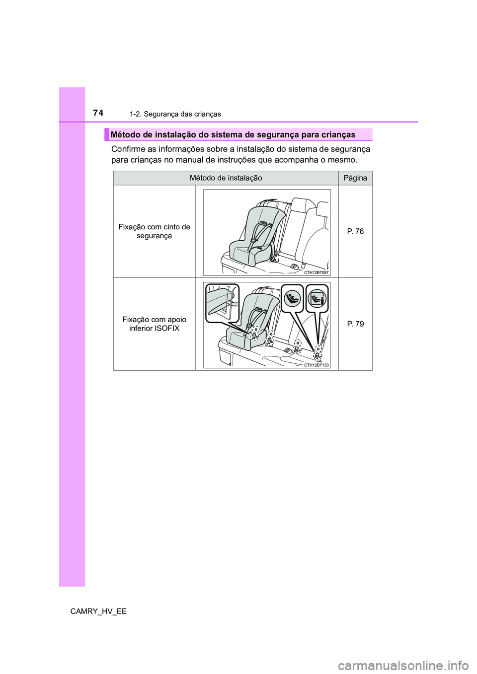 TOYOTA CAMRY 2023  Manual de utilização (in Portuguese) 741-2. Segurança das crianças
CAMRY_HV_EE
Confirme as informações sobre a instalação do sistema de segurança
para crianças no manual de instruções que acompanha o mesmo.
Método de instalaç