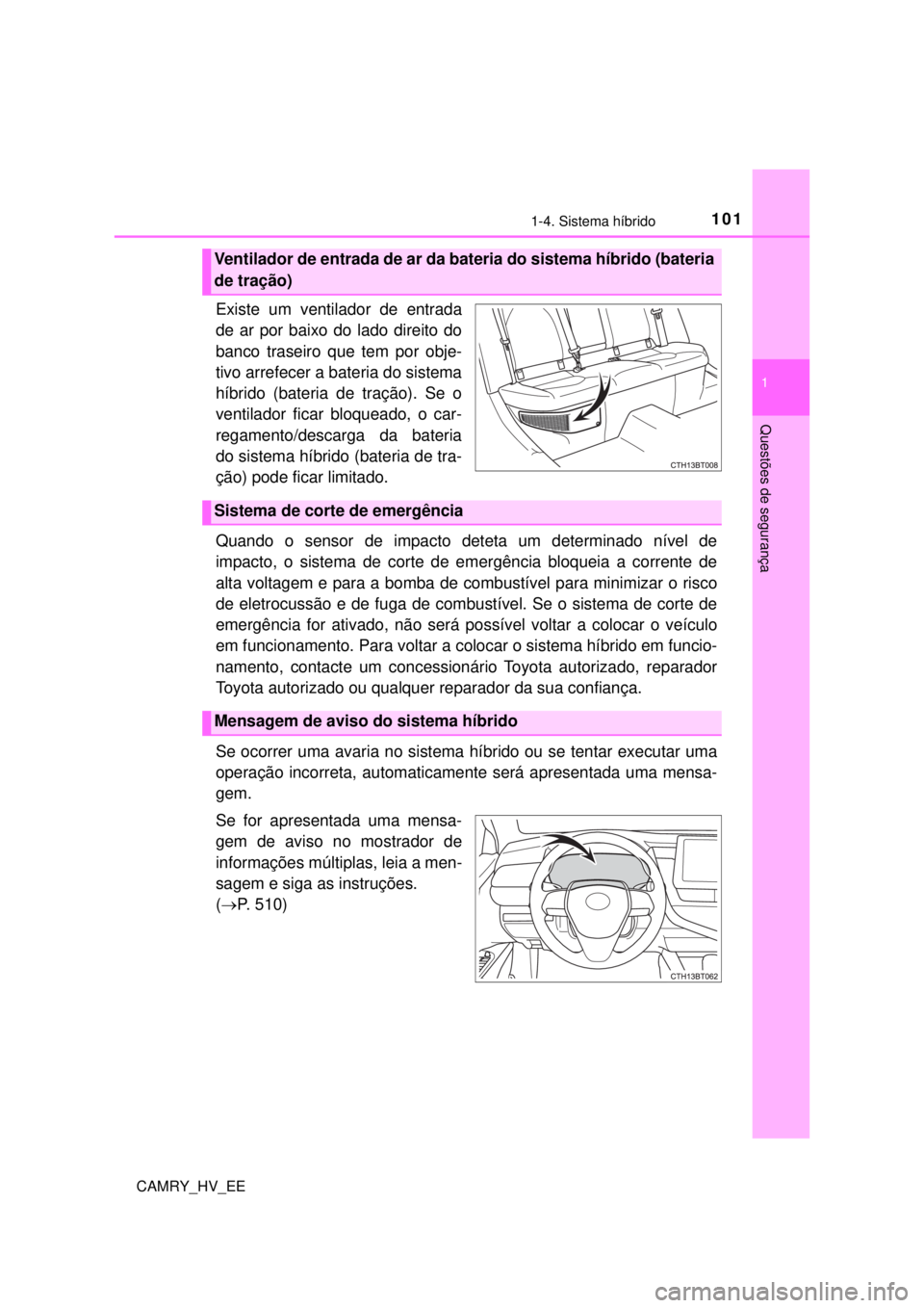 TOYOTA CAMRY 2022 Manual de utilização (in Portuguese) 1011-4. Sistema híbrido
1
Questões de segurança
CAMRY_HV_EE
Existe um ventilador de entrada
de ar por baixo do lado direito do
banco traseiro que tem por obje-
tivo arrefecer a bateria do sistema TOYOTA CAMRY 2022 Manual de utilização (in Portuguese) 1011-4. Sistema híbrido
1
Questões de segurança
CAMRY_HV_EE
Existe um ventilador de entrada
de ar por baixo do lado direito do
banco traseiro que tem por obje-
tivo arrefecer a bateria do sistema
