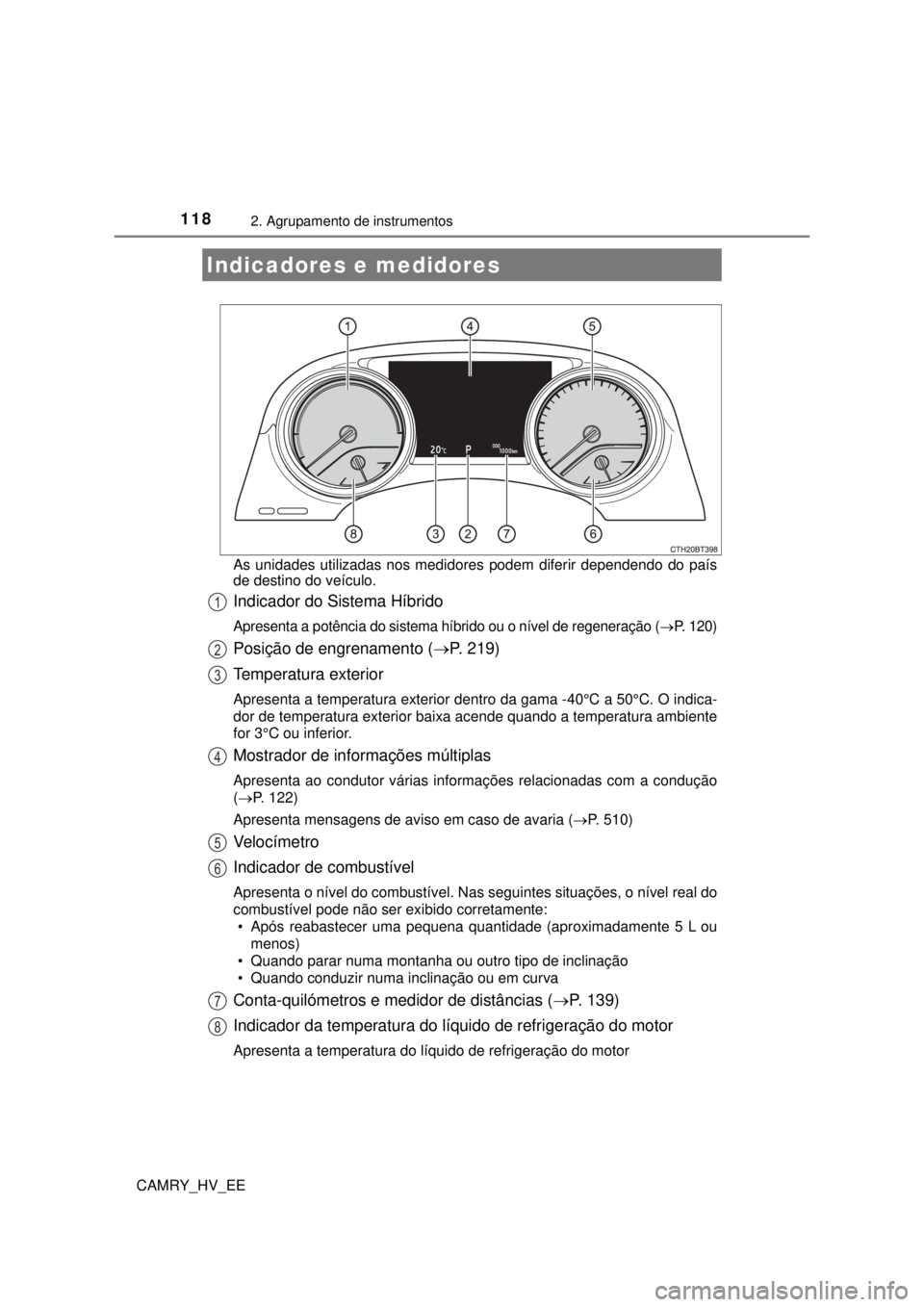 TOYOTA CAMRY 2022 Manual de utilização (in Portuguese) 1182. Agrupamento de instrumentos
CAMRY_HV_EEAs unidades utilizadas nos medidores podem diferir dependendo do país
de destino do veículo.
Indicador do Sistema Híbrido
Apresenta a potência do sist TOYOTA CAMRY 2022 Manual de utilização (in Portuguese) 1182. Agrupamento de instrumentos
CAMRY_HV_EEAs unidades utilizadas nos medidores podem diferir dependendo do país
de destino do veículo.
Indicador do Sistema Híbrido
Apresenta a potência do sist