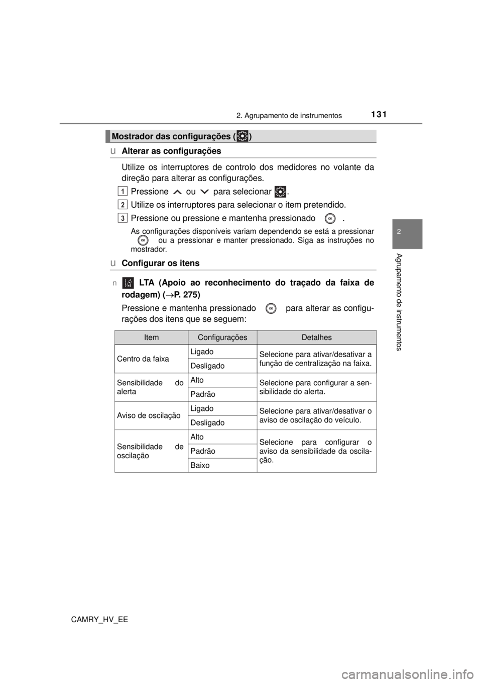 TOYOTA CAMRY 2022 Manual de utilização (in Portuguese) 1312. Agrupamento de instrumentos
CAMRY_HV_EE
2
Agrupamento de instrumentos
uAlterar as configurações
Utilize os interruptores de controlo dos medidores no volante da
direção para alterar as conf TOYOTA CAMRY 2022 Manual de utilização (in Portuguese) 1312. Agrupamento de instrumentos
CAMRY_HV_EE
2
Agrupamento de instrumentos
uAlterar as configurações
Utilize os interruptores de controlo dos medidores no volante da
direção para alterar as conf