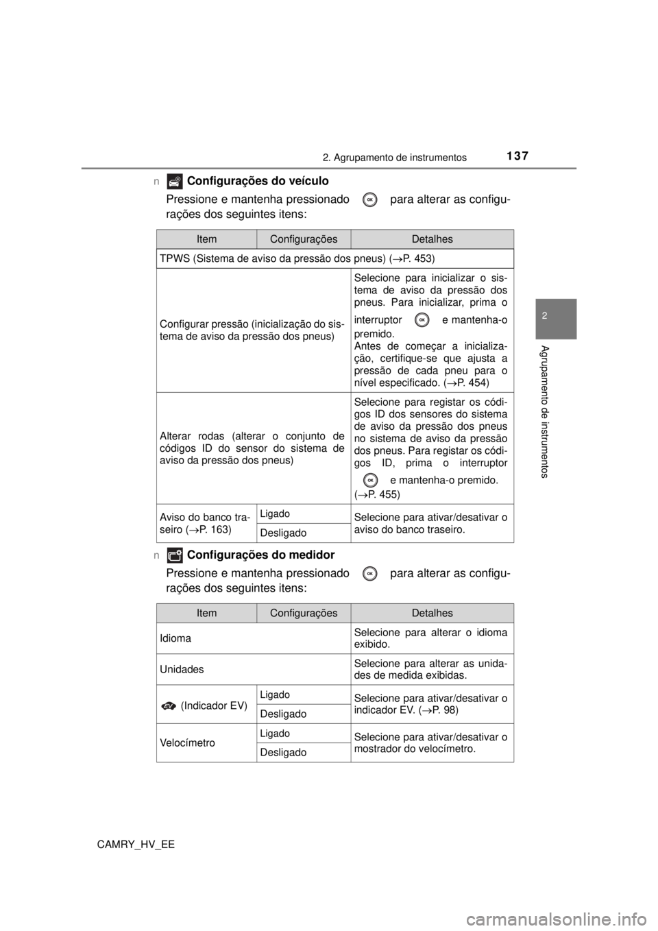TOYOTA CAMRY 2022 Manual de utilização (in Portuguese) 1372. Agrupamento de instrumentos
CAMRY_HV_EE
2
Agrupamento de instrumentos
n Configurações do veículo
Pressione e mantenha pressionado para alterar as configu-
rações dos seguintes itens:
n Con TOYOTA CAMRY 2022 Manual de utilização (in Portuguese) 1372. Agrupamento de instrumentos
CAMRY_HV_EE
2
Agrupamento de instrumentos
n Configurações do veículo
Pressione e mantenha pressionado para alterar as configu-
rações dos seguintes itens:
n Con