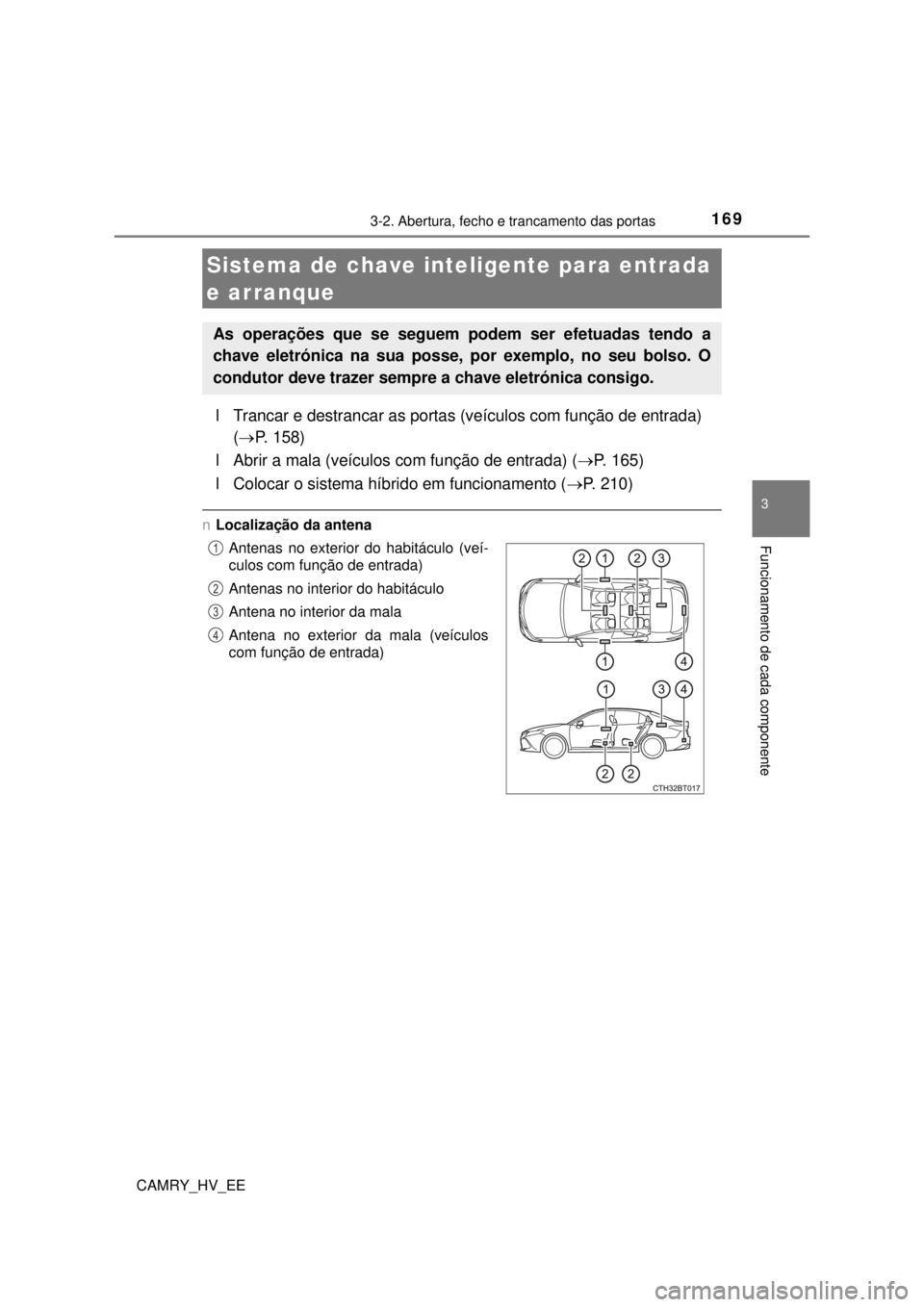 TOYOTA CAMRY 2022 Manual de utilização (in Portuguese) 1693-2. Abertura, fecho e trancamento das portas
CAMRY_HV_EE
3
Funcionamento de cada componente
lTrancar e destrancar as portas (veículos com função de entrada)
(P. 158)
lAbrir a mala (veíc TOYOTA CAMRY 2022 Manual de utilização (in Portuguese) 1693-2. Abertura, fecho e trancamento das portas
CAMRY_HV_EE
3
Funcionamento de cada componente
lTrancar e destrancar as portas (veículos com função de entrada)
(P. 158)
lAbrir a mala (veíc