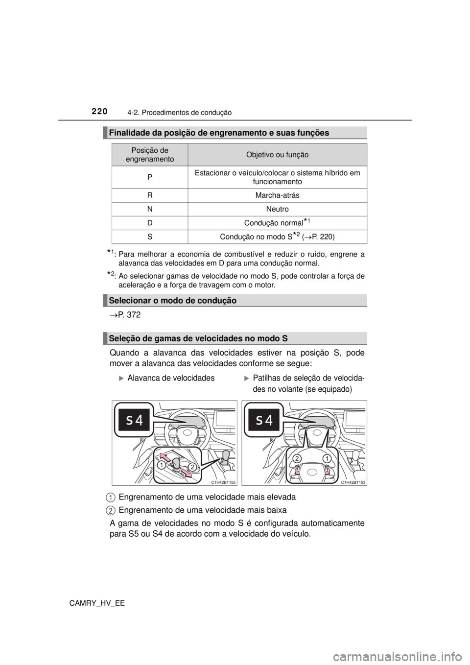 TOYOTA CAMRY 2022 Manual de utilização (in Portuguese) 2204-2. Procedimentos de condução
CAMRY_HV_EE
*1: Para melhorar a economia de combustível e reduzir o ruído, engrene a
alavanca das velocidades em D para uma condução normal.
*2: Ao selecionar TOYOTA CAMRY 2022 Manual de utilização (in Portuguese) 2204-2. Procedimentos de condução
CAMRY_HV_EE
*1: Para melhorar a economia de combustível e reduzir o ruído, engrene a
alavanca das velocidades em D para uma condução normal.
*2: Ao selecionar