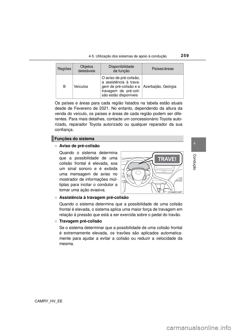TOYOTA CAMRY 2022 Manual de utilização (in Portuguese) 2594-5. Utilização dos sistemas de apoio à condução
CAMRY_HV_EE
4
Condução
Os países e áreas para cada região listados na tabela estão atuais
desde de Fevereiro de 2021. No entanto, depend TOYOTA CAMRY 2022 Manual de utilização (in Portuguese) 2594-5. Utilização dos sistemas de apoio à condução
CAMRY_HV_EE
4
Condução
Os países e áreas para cada região listados na tabela estão atuais
desde de Fevereiro de 2021. No entanto, depend