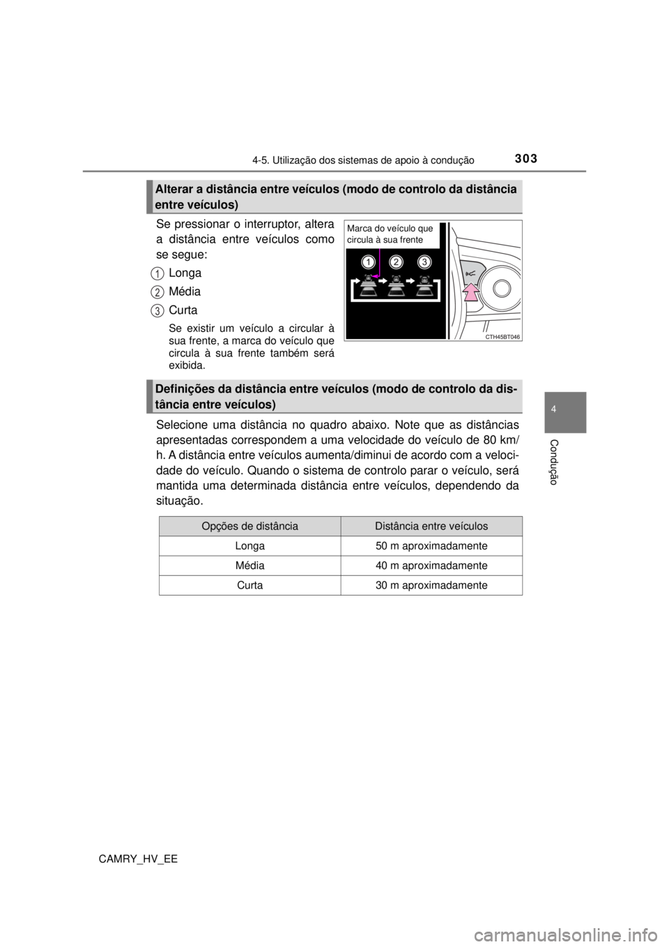 TOYOTA CAMRY 2022 Manual de utilização (in Portuguese) 3034-5. Utilização dos sistemas de apoio à condução
CAMRY_HV_EE
4
Condução
Se pressionar o interruptor, altera
a distância entre veículos como
se segue:
Longa
Média
Curta
Se existir um ve TOYOTA CAMRY 2022 Manual de utilização (in Portuguese) 3034-5. Utilização dos sistemas de apoio à condução
CAMRY_HV_EE
4
Condução
Se pressionar o interruptor, altera
a distância entre veículos como
se segue:
Longa
Média
Curta
Se existir um ve