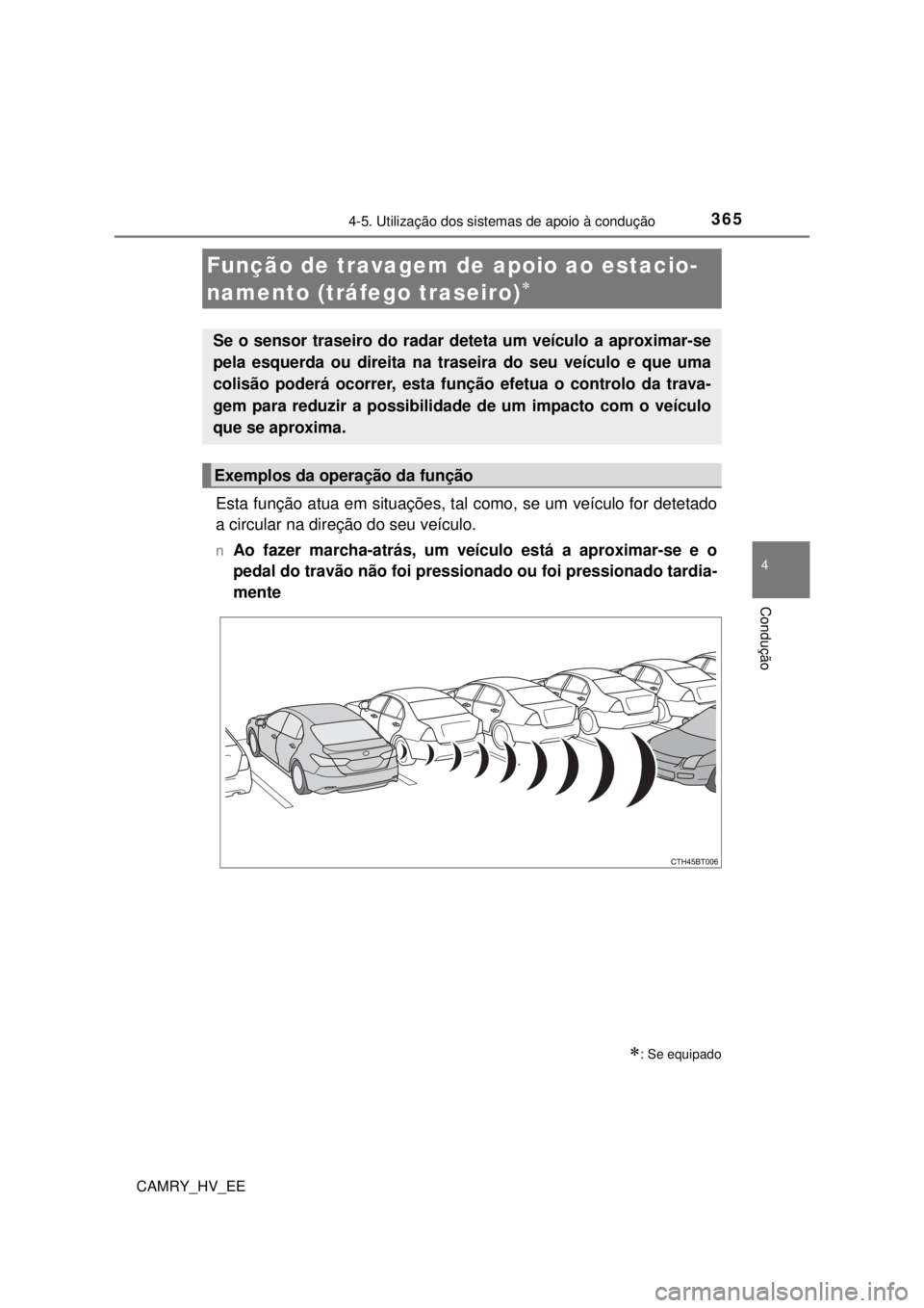 TOYOTA CAMRY 2022 Manual de utilização (in Portuguese) 3654-5. Utilização dos sistemas de apoio à condução
CAMRY_HV_EE
4
Condução
Esta função atua em situações, tal como, se um veículo for detetado
a circular na direção do seu veículo.
nAo TOYOTA CAMRY 2022 Manual de utilização (in Portuguese) 3654-5. Utilização dos sistemas de apoio à condução
CAMRY_HV_EE
4
Condução
Esta função atua em situações, tal como, se um veículo for detetado
a circular na direção do seu veículo.
nAo